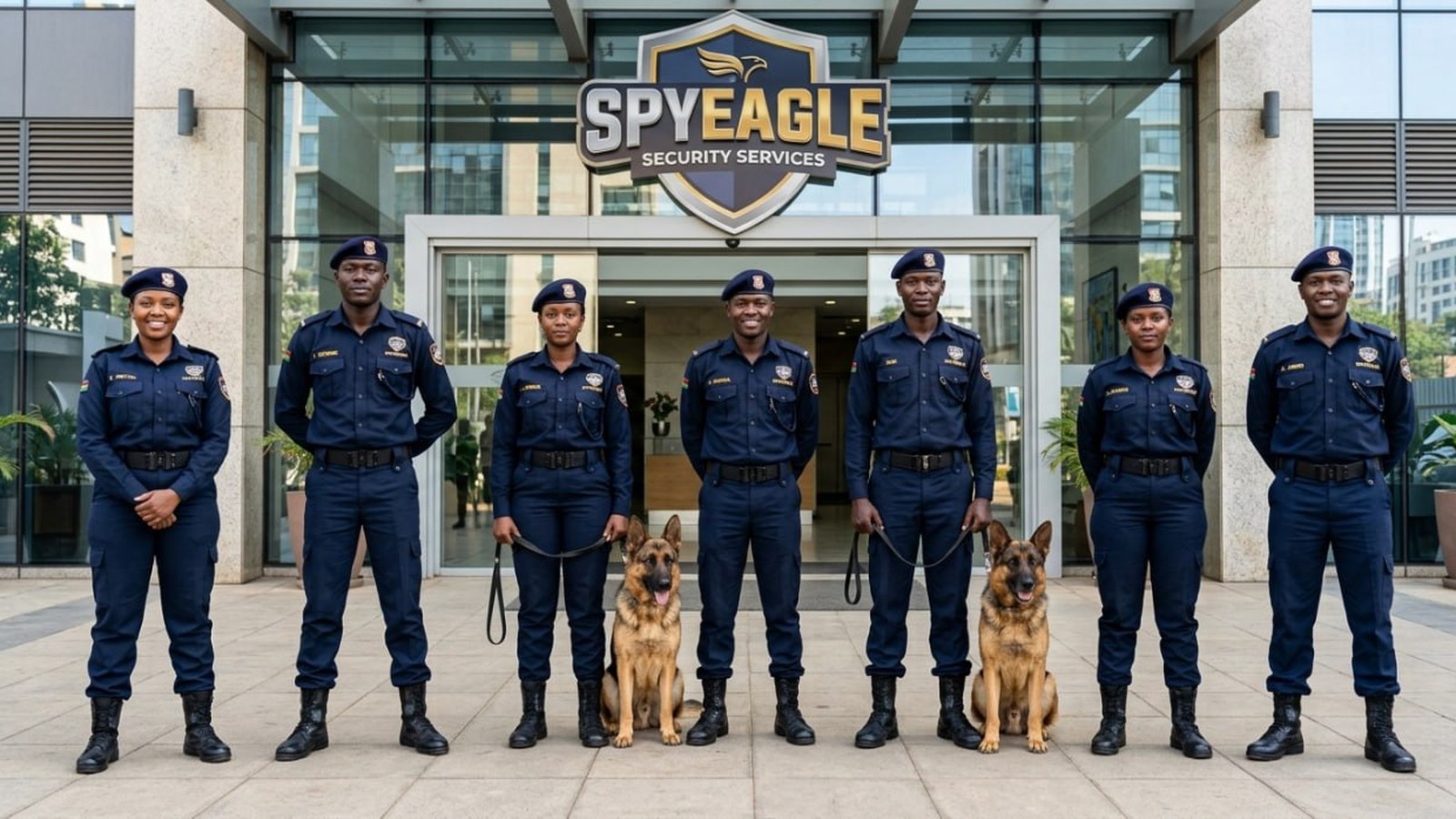 Spyeagle officers on parade with K9 units at the Spyeagle Security Services headquarters entrance