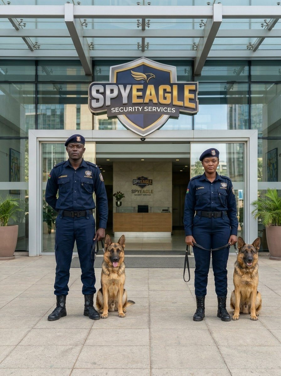 Two Spyeagle officers with their two German Shepherd K9s at the Spyeagle Security Services headquarters entrance